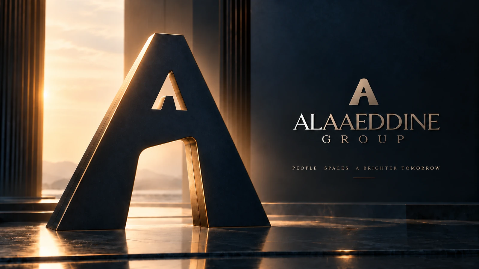 ALAAEDDINE GROUP brand artwork: a sculptural letter A and gold wordmark in an architectural setting.